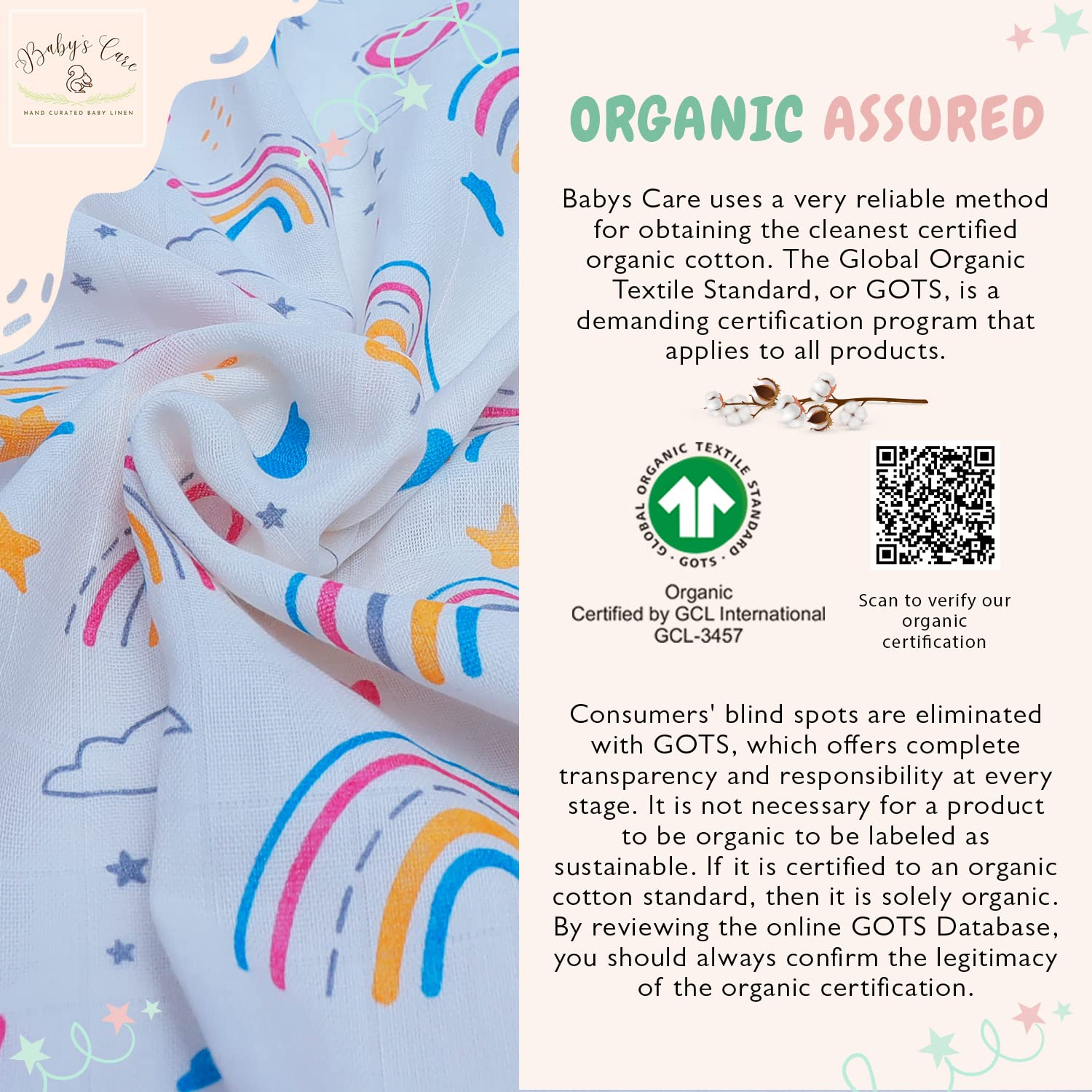 BABYS CARE Muslin Burp Cloth Pack of 5 | 100% Organic Cotton | Versatile Use Washcloth Face Cloth Cleaning Mess | Lightweight Baby Towel | Handy for Changing Cleaning Feeding Baby | 26"x26" | Rainbow - Image 5